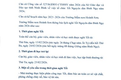 THÔNG BÁO LỊCH NGHỈ TẾT NGUYÊN ĐÁN BÍNH NGỌ NĂM 2026