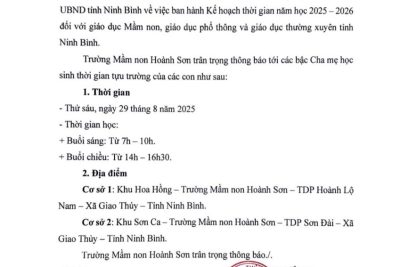 Trường Mầm non Hoành Sơn thông báo về việc tựu trường của học sinh năm học 2025 – 2026